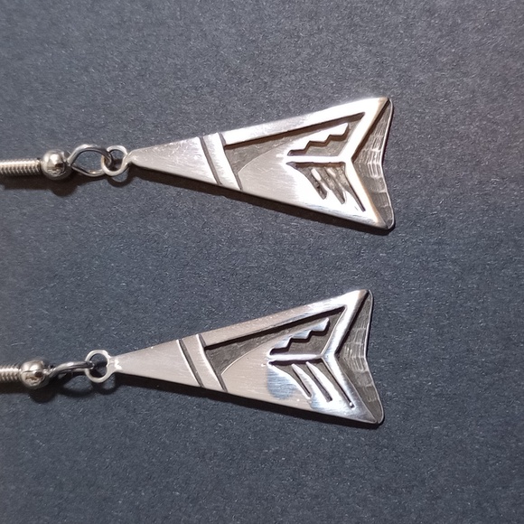 Sterling Silver Overlay With Unique Tribal Design Dangle Earrings - Picture 2 of 12